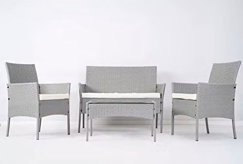 mcc direct Roger 4-Piece Grey Polyrattan Outdoor Garden Furniture Set with 2 Armchairs, 1 Double Sofa and 1 Coffee Table – 2
