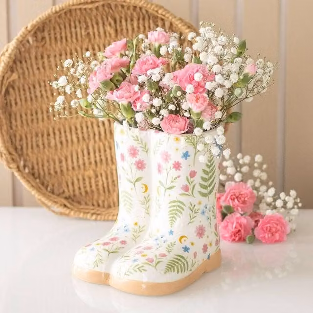 Uniqueful Luna Bloom Floral Print Ceramic Welly Boot Tabletop Planter in Multicolour