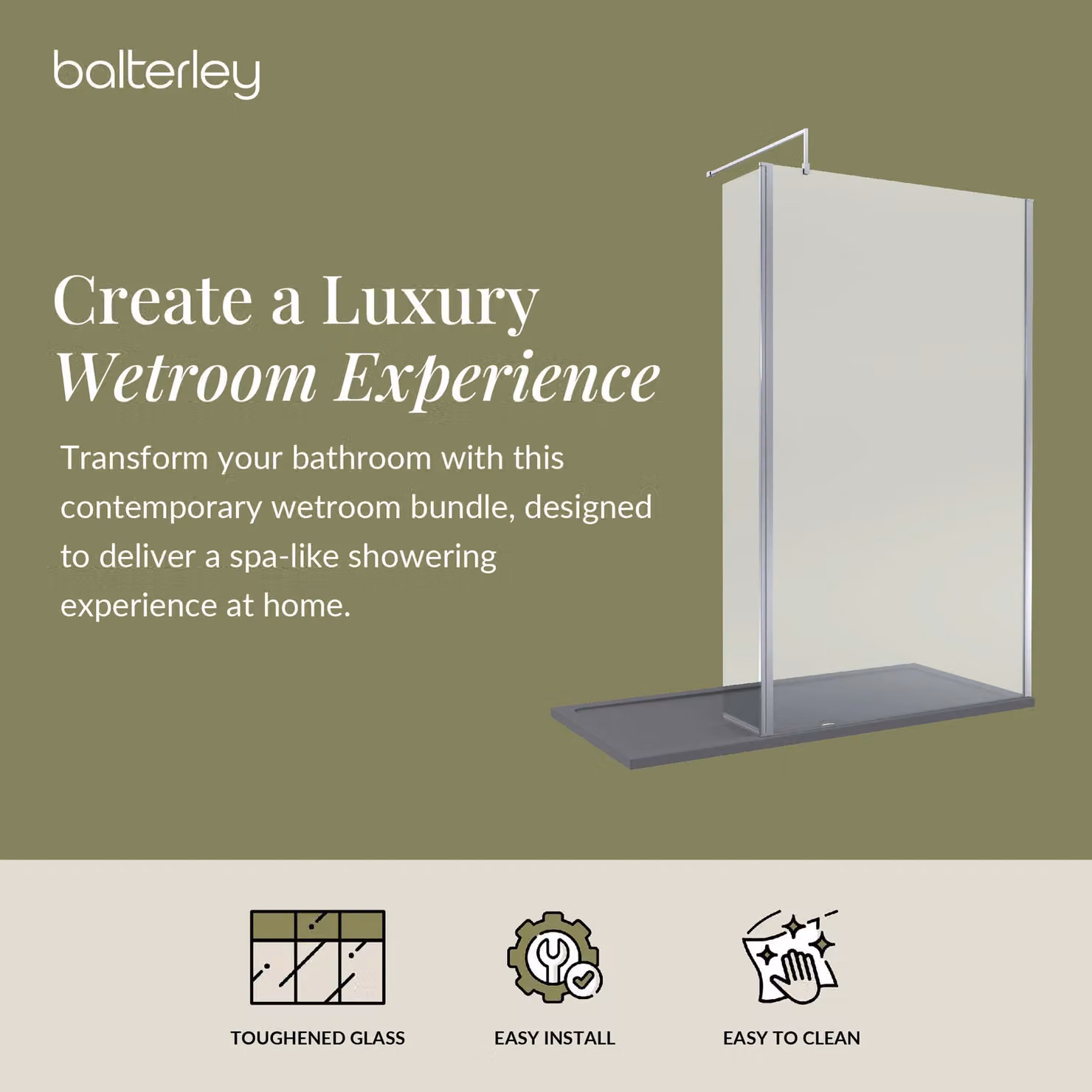 Balterley 8mm Glass Walk-In Wetroom Screen and Return with Chrome Frame and Grey Rectangular Tray, W/D: 1700 x 900 mm, Silver – 3