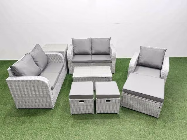 Fimous Grey Poly Rattan Garden Furniture Set with 2 Seater Sofa, Lounge Armchair, Ottoman, Coffee Table and 3 Stools