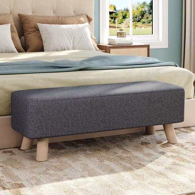 Komore Rectangular Fabric Footstool with Pine Wood Legs in Grey