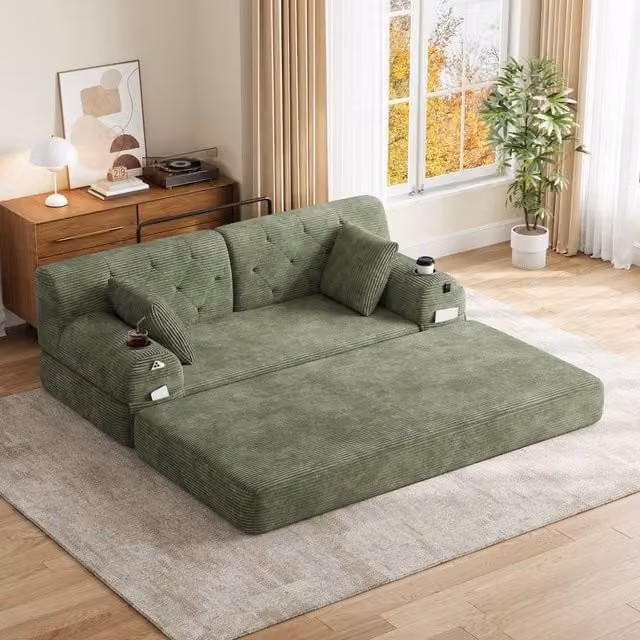 Direct Wicker 2-Seater Corduroy Upholstered Sofa Bed with Cup Holders in Green
