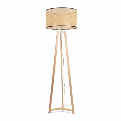 ValueLights Lottie Natural Wood Tripod Floor Lamp with Beige Rattan Cylinder Shade and LED Bulb – 1