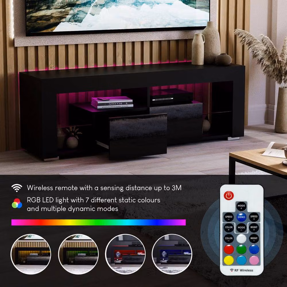 HD Designs Vida Designs Luna Modern Glossy Black 2 Drawer LED TV Unit with Glass Details – 4