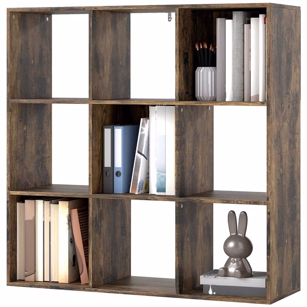 STILVORA Freestanding Storage Shelf with 9 Open Cubes in Rustic Brown – 4