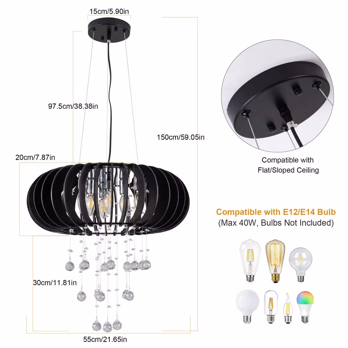Garwarm 6 Light Dimmable Wood and Crystal Caged Chandelier in Black – 4