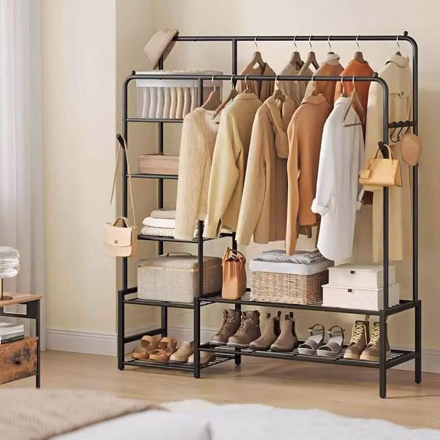 The Bazaarist Heavy Duty Open Wardrobe with 7 Shelves and Double Rails, Black