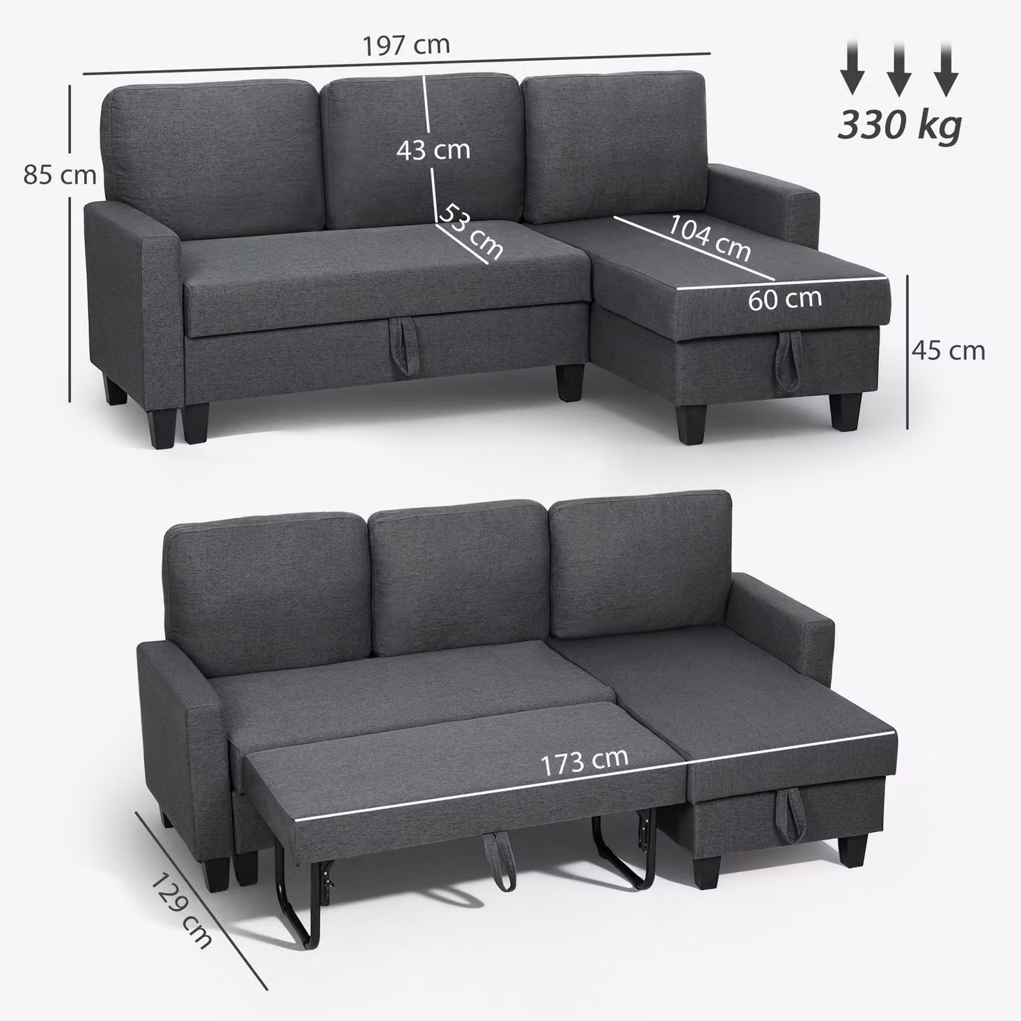 HOMCOM Three-Seater L-Shape Storage Sofa Bed in Charcoal Grey with Scratch Resistant Fabric – 3