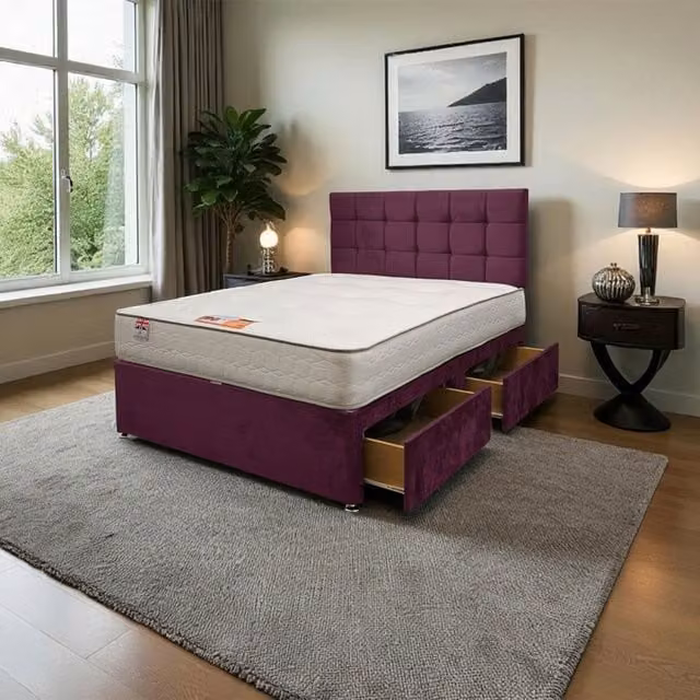Knight Sleep Modern Upholstered Velvet Bed Set with Mattress and Headboard in Purple, W/D/H: 90 x 200 cm