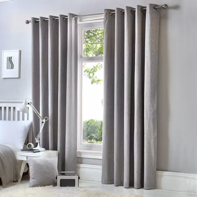 Fusion Cannes Silver 100% Cotton Thermal Blackout Eyelet Curtains, Width: 168 cm, Drop: 183 cm