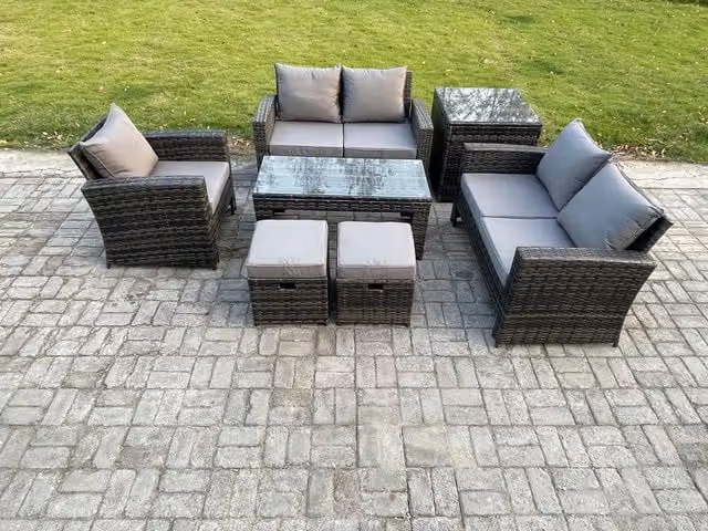 Fimous 7-Piece Rattan Garden Furniture Set in Dark Grey with Coffee Table, Side Table, and Two Footstools