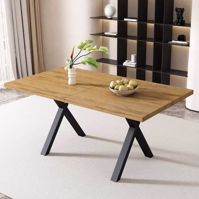 Rolipo Modern Rectangular Dining Table with X-Frame Metal Legs in Oak and Brown/Black