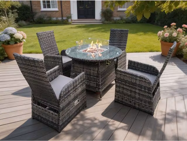 Fimous 6 Seater Rattan Garden Furniture Set with Round Gas Fire Pit Dining Table and Chairs in Grey