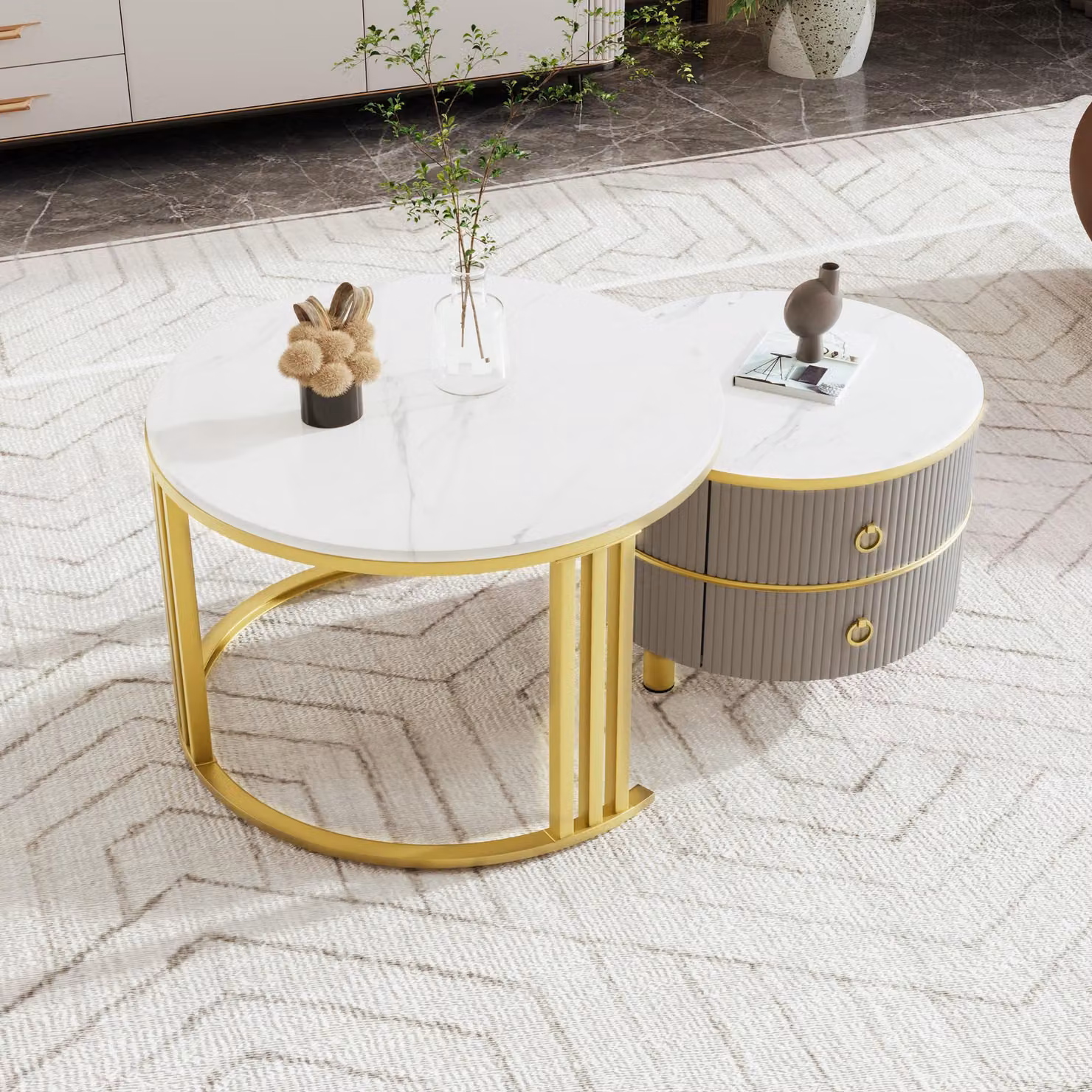 Aosom 2-in-1 Round Coffee Table Set with High-Gloss Tops and 2 Drawers, White and Grey, W: 70 cm, D: 70 cm, H: 46 cm – 3