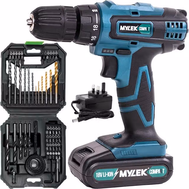 MYLEK Cordless LED Drill with 56pc 4ORCE Accessory Kit in Blue and Black