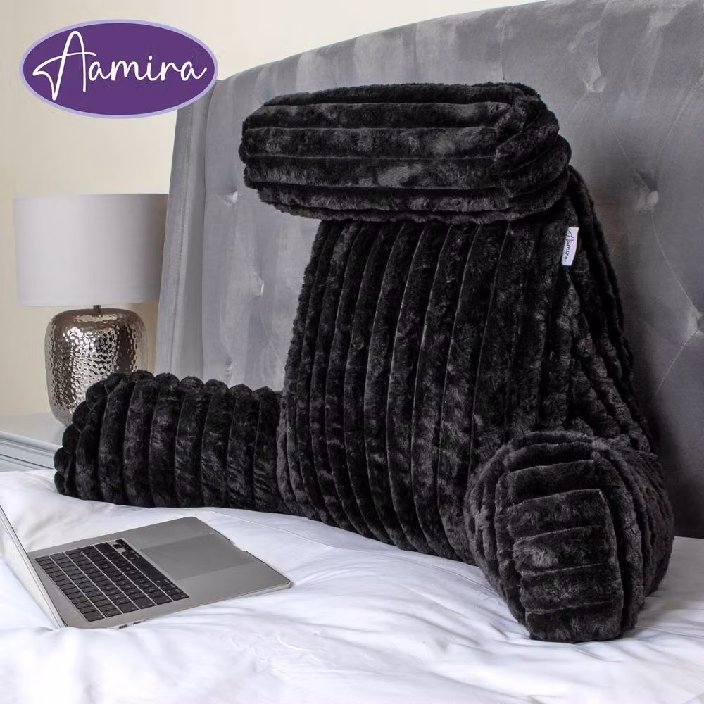 Aamira Black Faux Fur Ribbed Memory Foam Reading Pillow and Wedge Support Cushion – 10