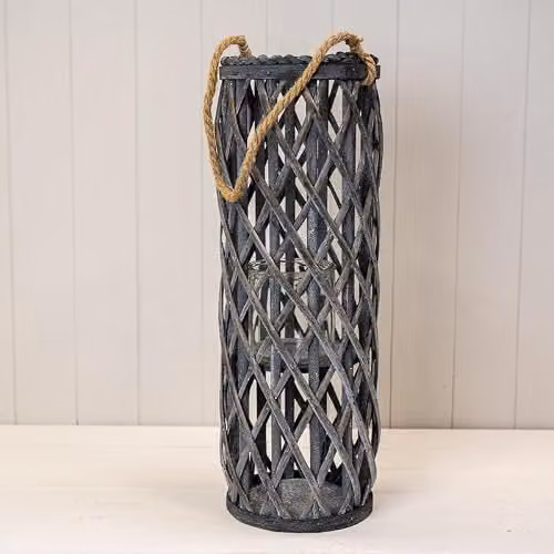 Gift Company Satchville Grey Washed Rustic Woven Lantern with Rope Handles for Pillar Candles – 1