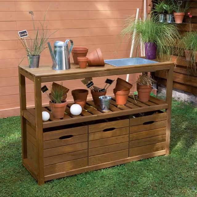 Cerland Choko Rustic Pine Wooden Garden Bar with Storage in Brown, W/D/H: 90 x 45 x 45 cm