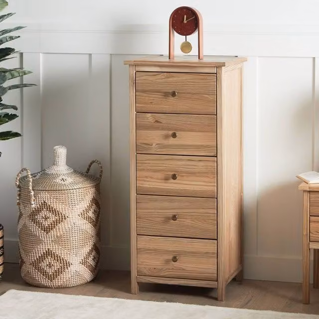 Wyld and Coco Hearth Timber Rustic Sassafras Five Drawer Chest in Light Brown, Width: 50 cm – 1