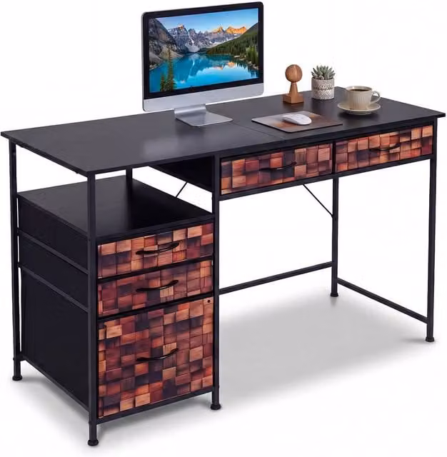 Costway Brown Computer Desk with Shelf and Drawers for Home Office and Study – 1