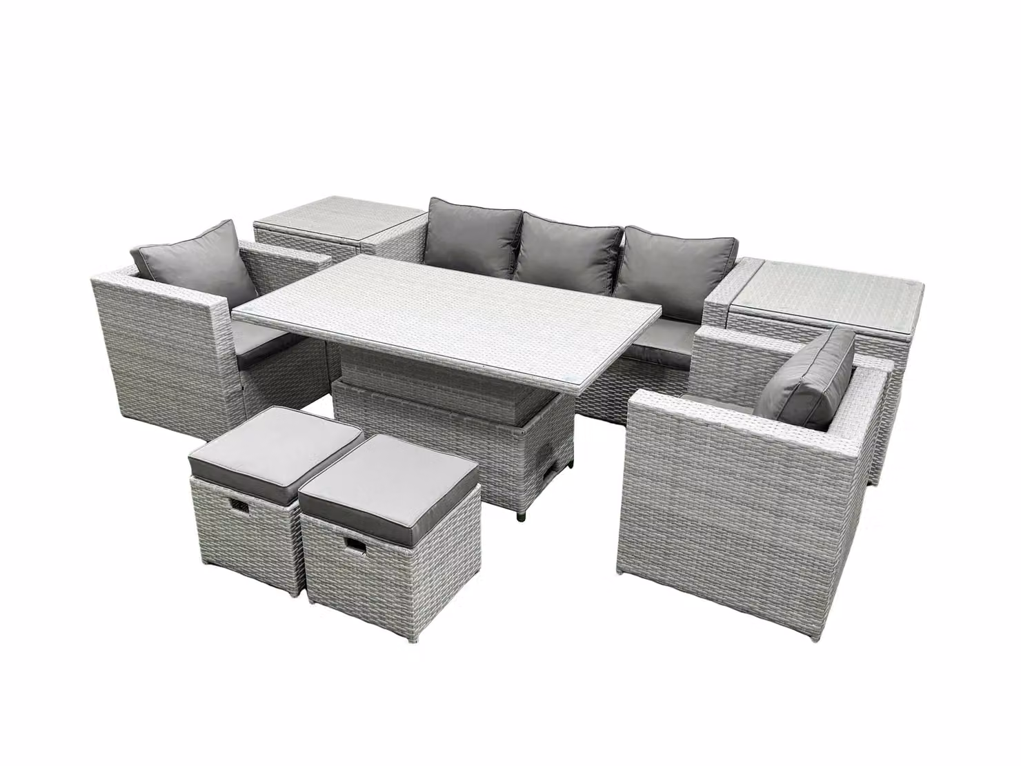 Fimous Rattan Garden Furniture Set with Adjustable Height Lifting Table, Sofa, Dining Set, 2 Side Tables and Stools in Light Grey – 2