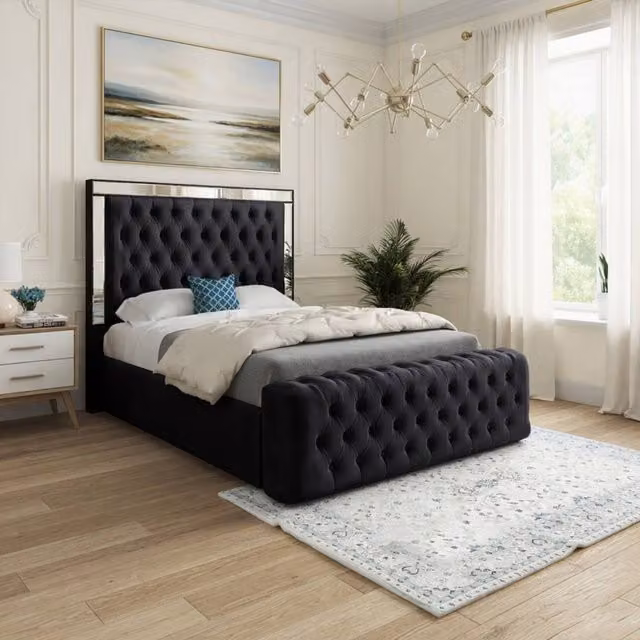 Casani Ludgershall Single Designer Bed Frame in Black Soft Velvet with Silver Mirror Details W/D/H: 200 x 90 x 137 cm – 1