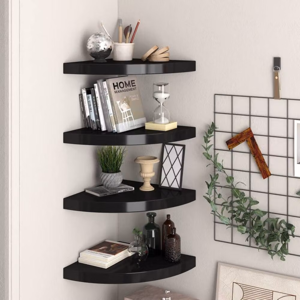 Berkfield Home Set of 4 Black Matt Floating Corner Shelves, W/D/H: 35 x 35 x 3.8 cm – 2