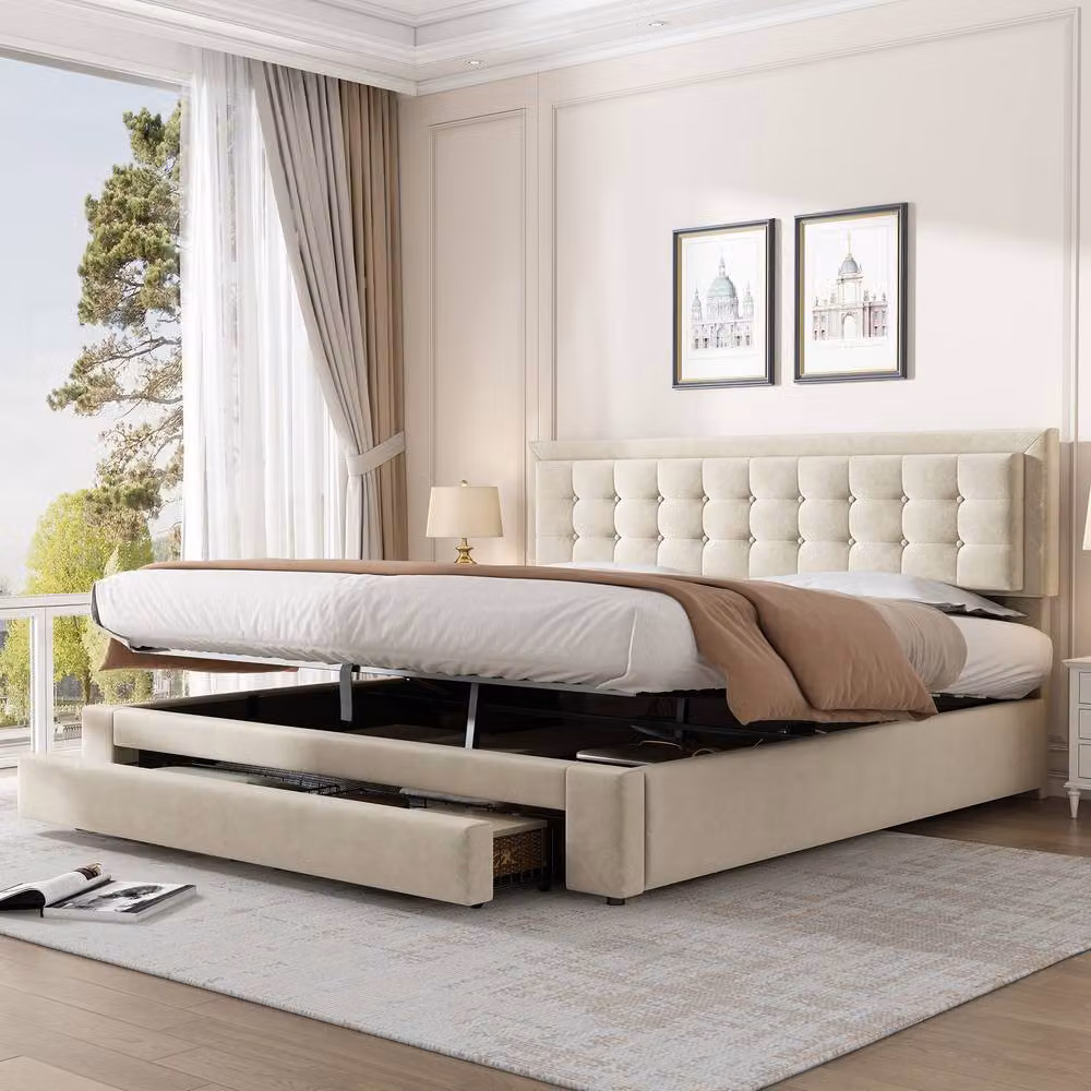 BTM Beige Velvet Upholstered King Size Bed with Storage and Headboard W/D/H: 150 x 200 x 101 cm – 2