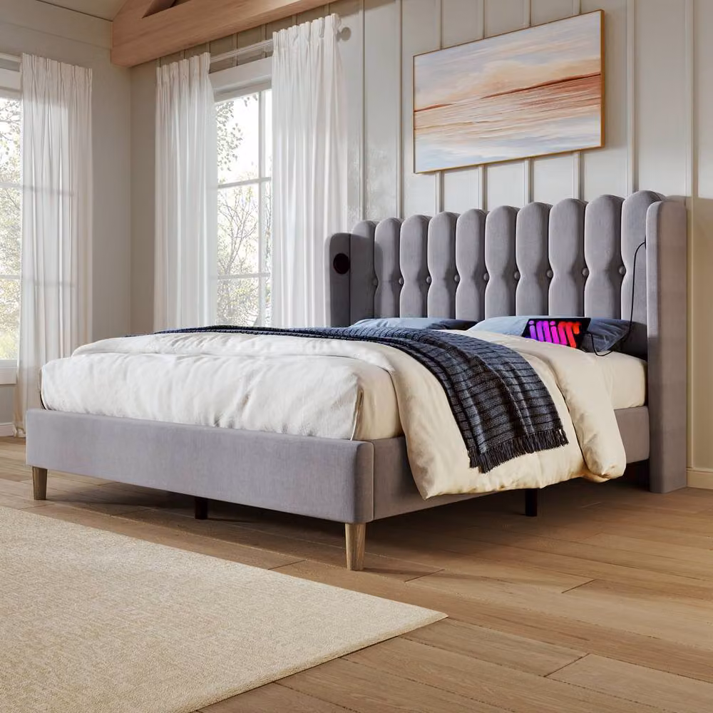Merax Double Upholstered Velvet Bed in Grey with USB Charging Ports – 3