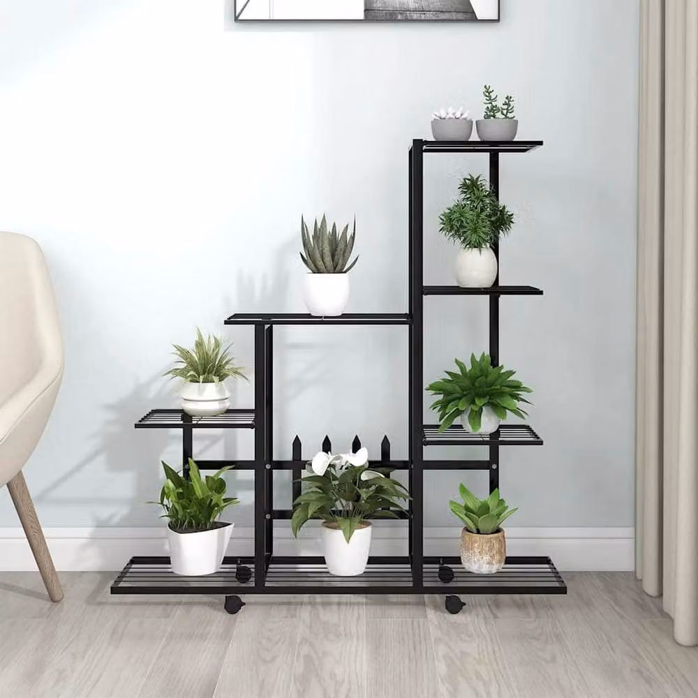 Berkfield Home Decorative Flower Stand with Wheels, Black Matt Metal, W: 94.5 cm, D: 25 cm, H: 92.5 cm – 2