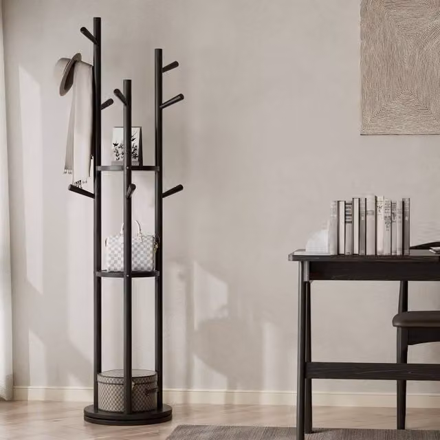 YQJJGL Rotating Solid Wood Coat Rack with 3 Shelves and Hooks, Freestanding, Black – 1