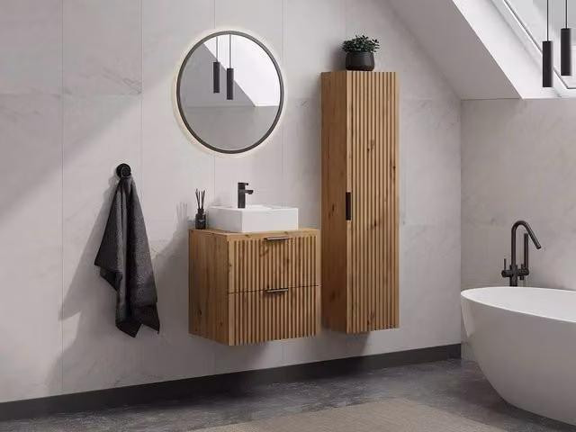 Vente-unique Striped Wall-Mounted Bathroom Vanity Unit with Counter-Top Basin and Tall Cabinet in Light Oak