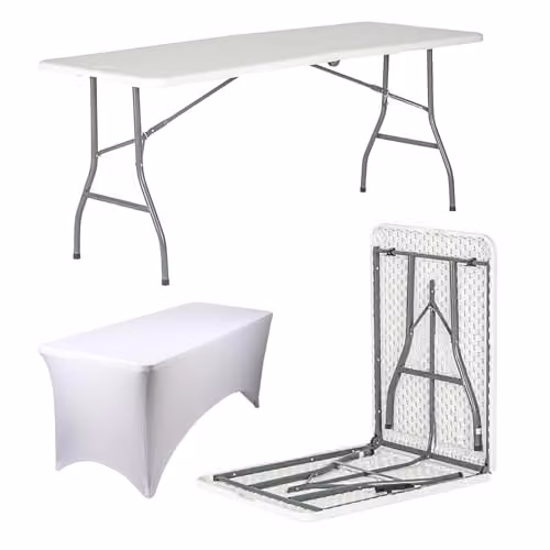 Harbour Housewares Folding Camping Picnic Table with Fitted Tablecloth, White, W: 180 cm, D: 73.5 cm, H: 70 cm