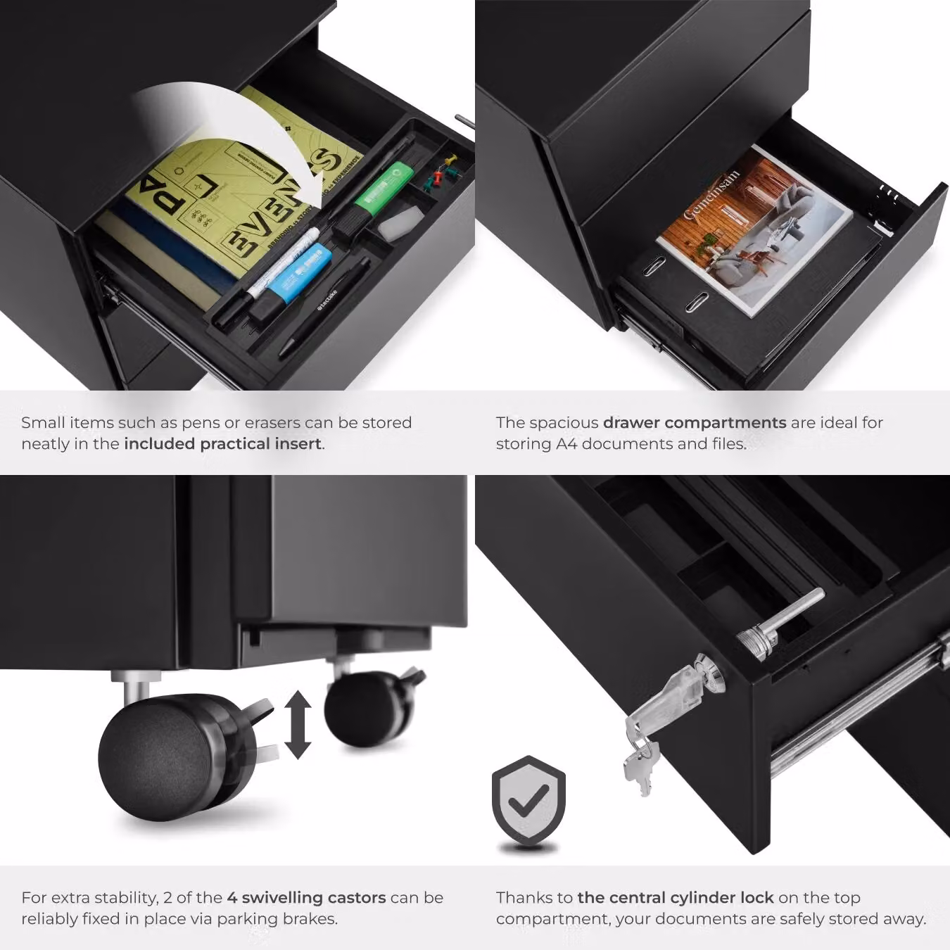 tectake Magna Modern Black Metal Chest of Drawers with Lock and Castors – 5