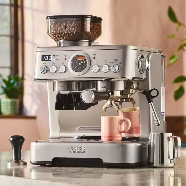 Cooks Professional Bean-To-Cup Espresso Coffee Machine with Grinder and Steam Wand, Silver