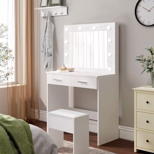 Comfy Living Ltd Modern White Dressing Table and Stool Set with LED Hollywood Mirror