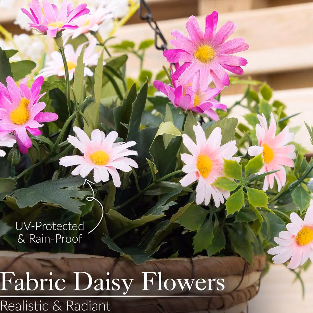 Christow Artificial Daisy Woven Hanging Basket in Yellow, Pink or Multicolour, Diameter: 25 cm – 3
