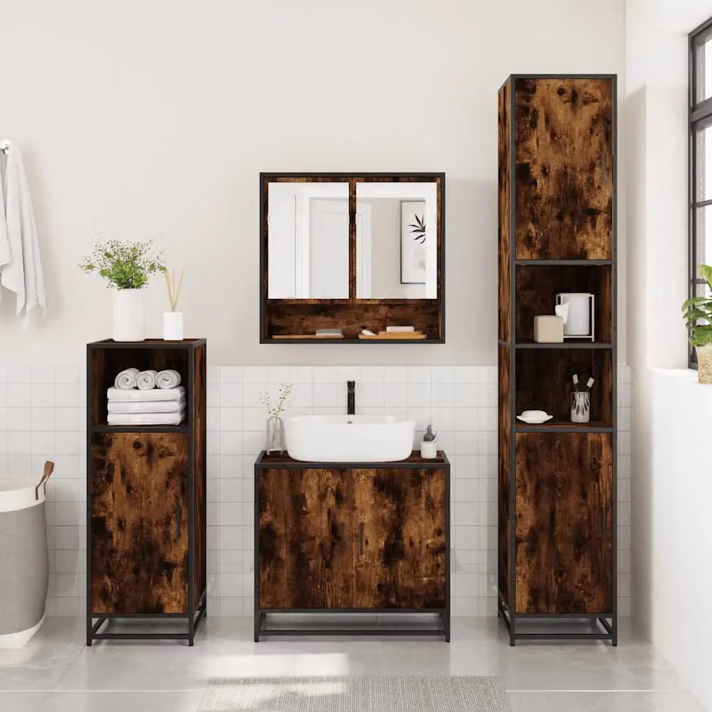 Berkfield Home 3 Piece Industrial Bathroom Furniture Set in Brown Smoked Oak – 3