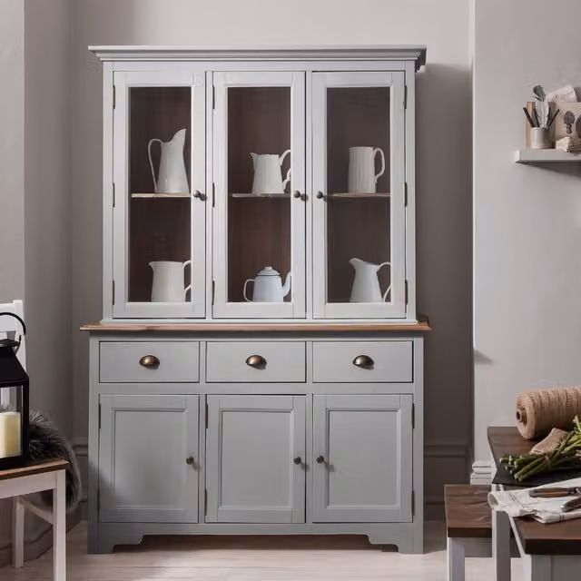 Noa and Nani Modern Grey Pine Wood and Glass Sideboard with Bronze Details