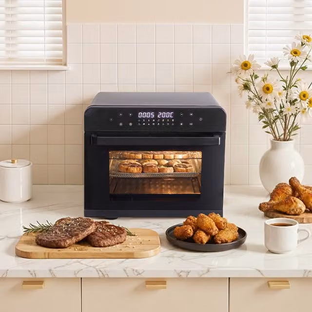 Livingandhome Large Hot Air Fryer Oven with Glass Door and Enamel Baking Tray, Black