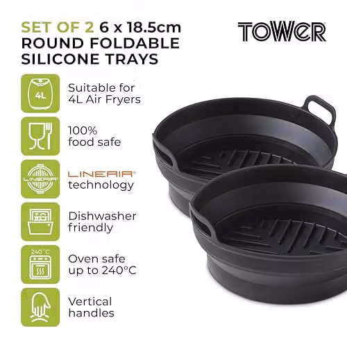 Tower Round Silicone Air Fryer Trays, 2-Piece Black Non-Stick Reusable Liners, T843090 – 2