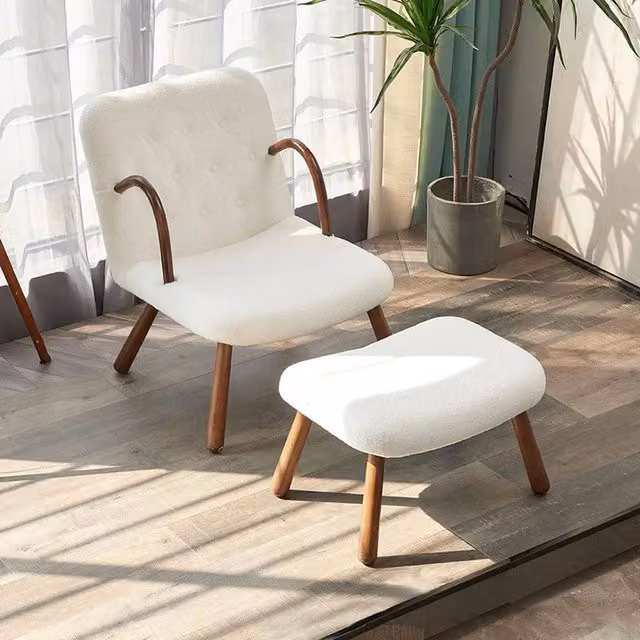Livingandhome White Bouclé Sherpa Armchair and Matching Ottoman Set with Wooden Legs