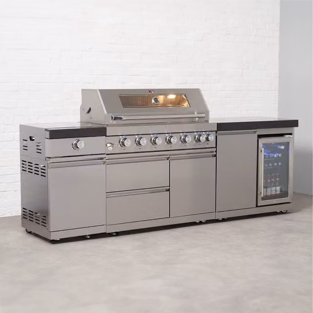 Draco Grills 6 Burner Modular Gas Outdoor Kitchen with Sear Station, Single Fridge Unit and Side Burner in Silver Stainless Steel