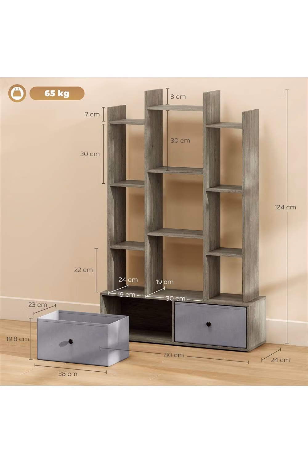 ERGOVEXA 12 Shelf Storage Unit with Drawers in Graphite Wood Effect Grey and Multicolour – 2