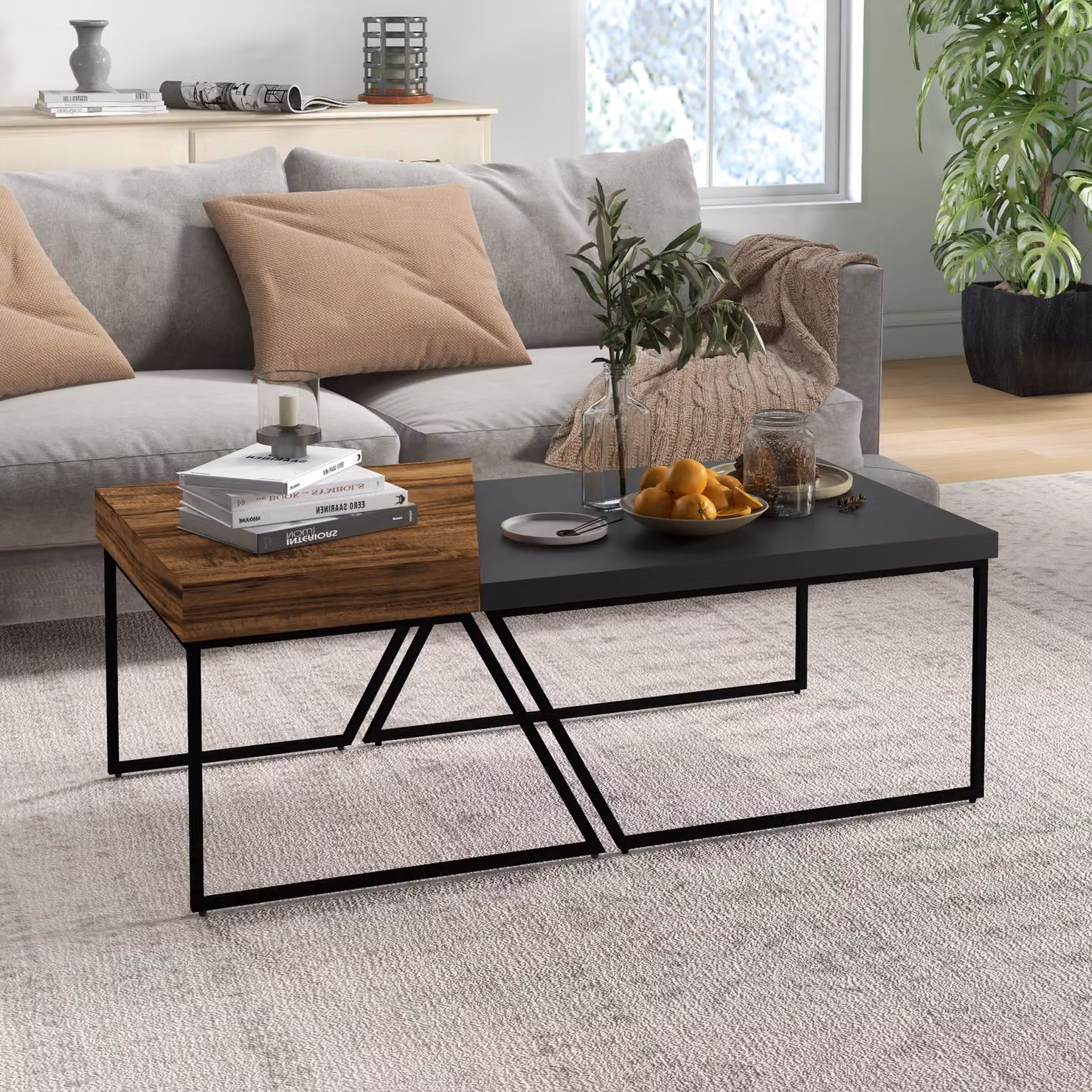 HOMCOM Set of 2 Industrial Geometric Coffee Tables with Black Steel Frame and Wood Tops – 2