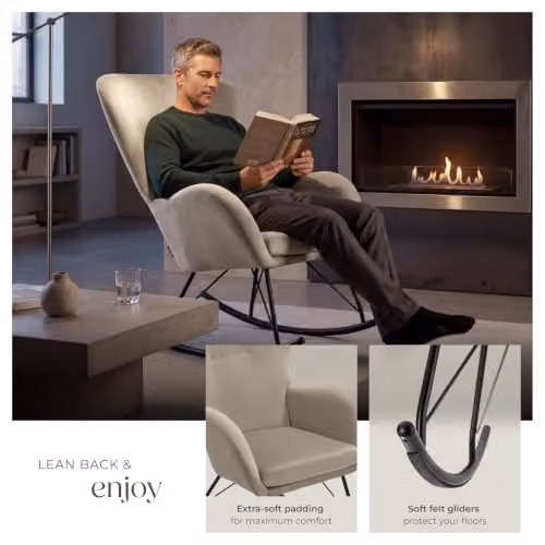tectake Rocking Chair with Velvet-Look Fabric and Foam Padding, Modern Armchair with Metal Frame in Black and Beige – 4