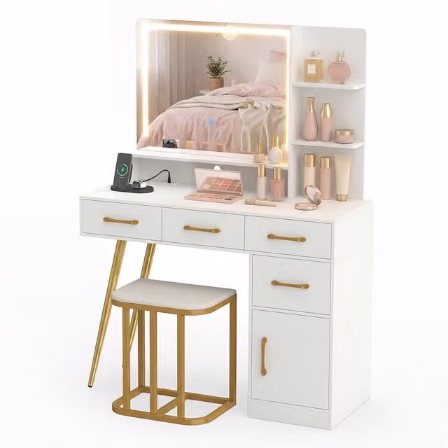Costway Modern White Hollywood LED Lighted Vanity Table Set