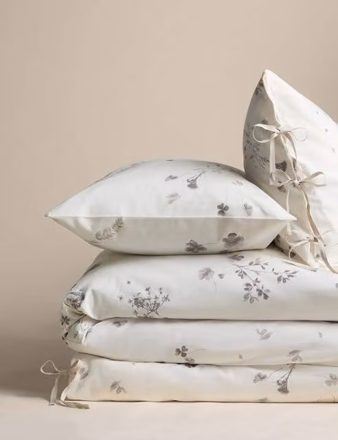 M&S Pure Cotton Breathable Floral Print Bedding Set, Grey Mix, W: 180 cm x L: 200 cm