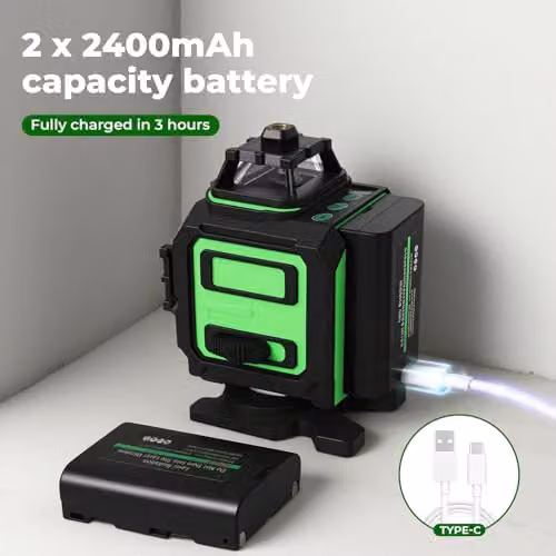Traderight 4D Green Laser Level with 360 Degree Self-Levelling 16-Line Horizontal and Vertical Projection, Remote Control, IP54 Rating, Adjustable Stand and 2x 2400mAh Rechargeable Batteries – 5