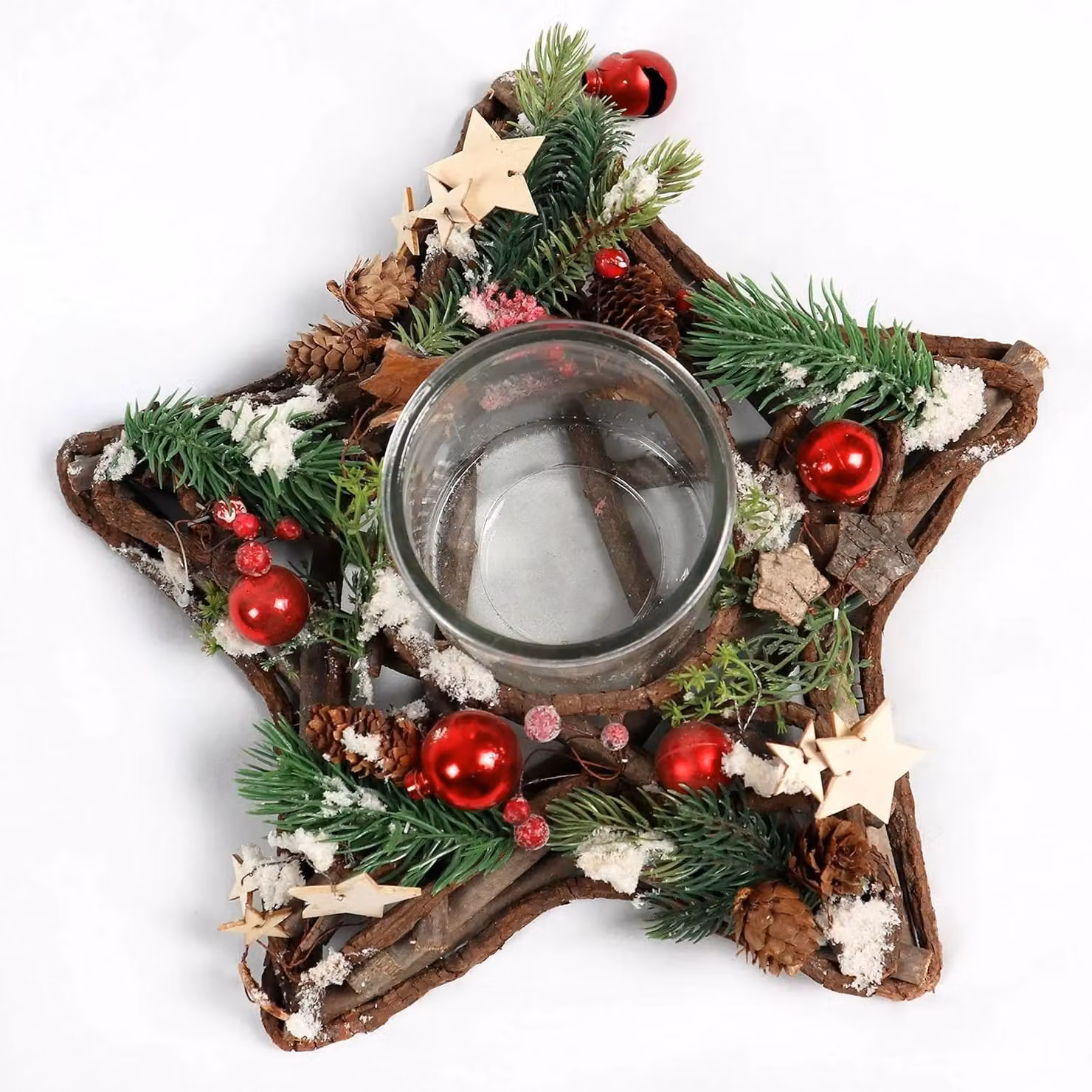Shatchi Star Shape Wooden Candle Holder Tabletop Centrepiece with Red and Silver Baubles, Berries and Cones – 2